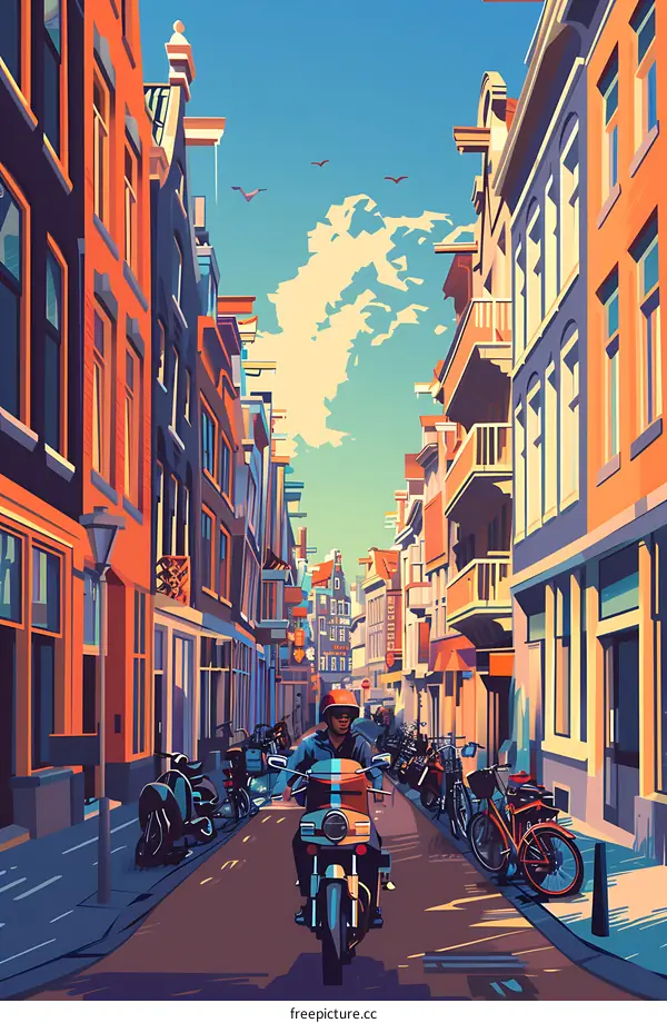 Motorcycle Rider in Colorful City Street