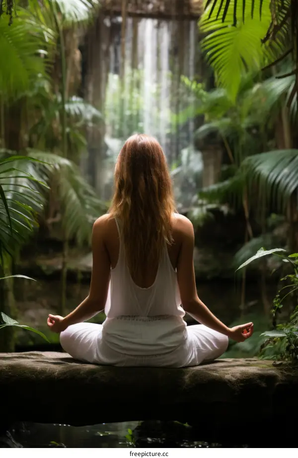 meditating woman in tropical forest near waterfall