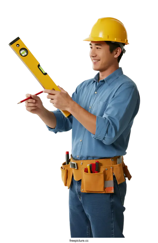 [Transparent Background PNG]Male construction worker holding level and pencil at work