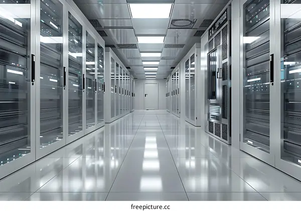Futuristic Sci-Fi Data Center Room With Glowing Server Racks