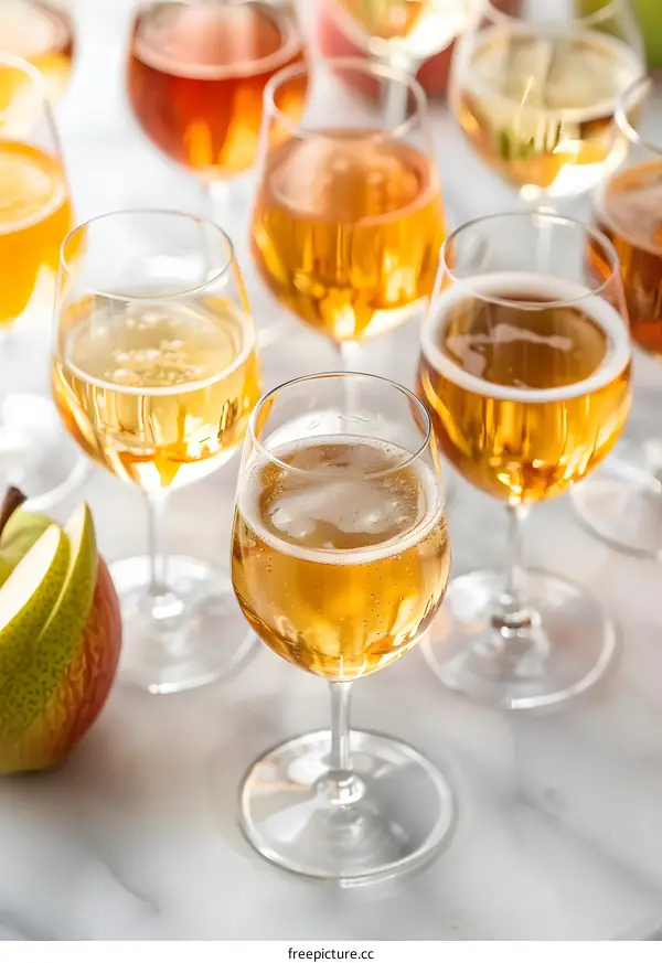 Variety of Sparkling Apple Cider in Wine Glasses