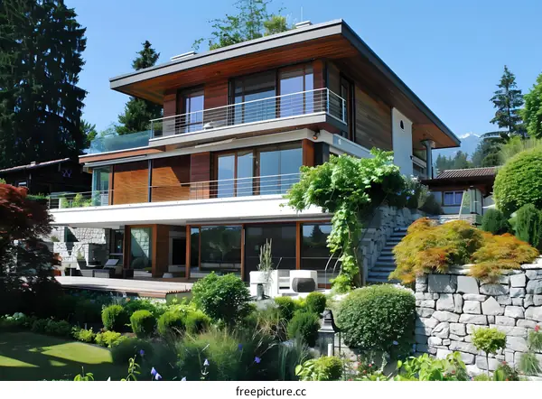 Modern House with Large Windows and a Stone Wall