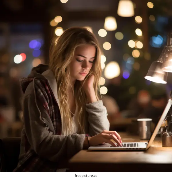 Young woman working on laptop in cafe