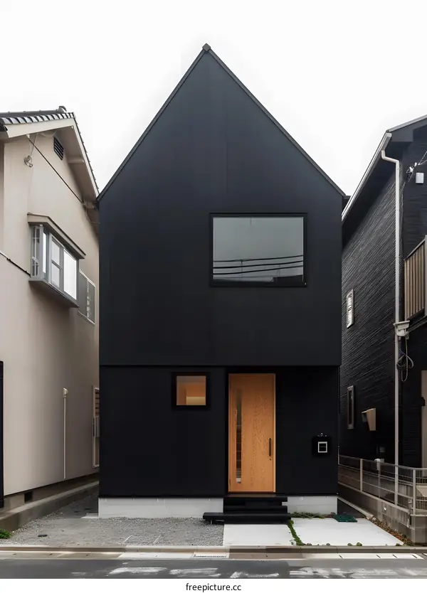 Black Modern House Exterior Design with Wooden Door and Windows