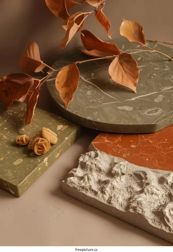 Green and Brown Terrazzo Tiles With Dried Branches