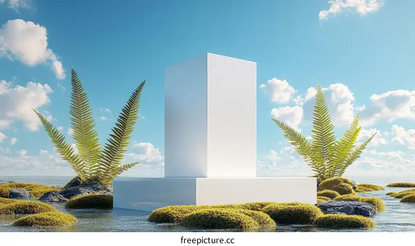 Blank Product Display Stand on a Rocky Shore Scene