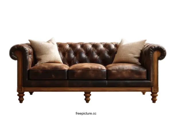 [Transparent Background PNG]Vintage Brown Leather Chesterfield Sofa with Wooden Legs