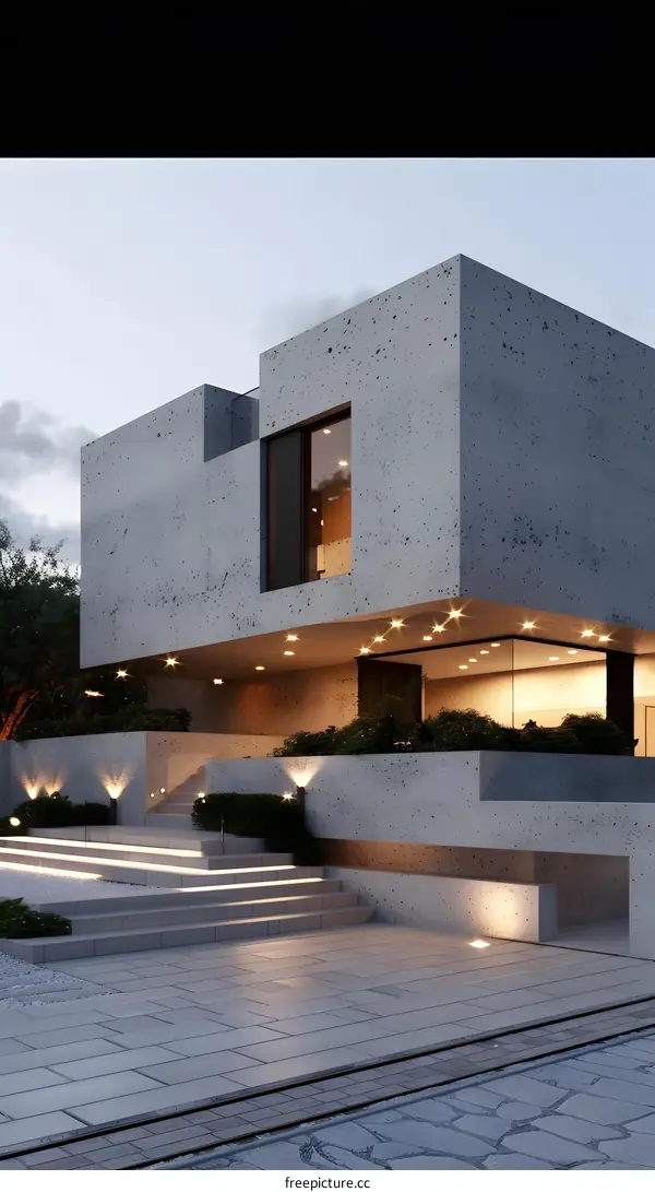Modern Concrete House Exterior Design With Stone Steps and Landscaping