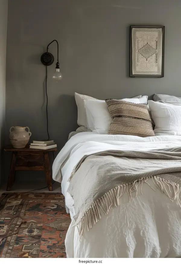 A cozy bedroom with a gray wall, white bedding, and a colorful rug