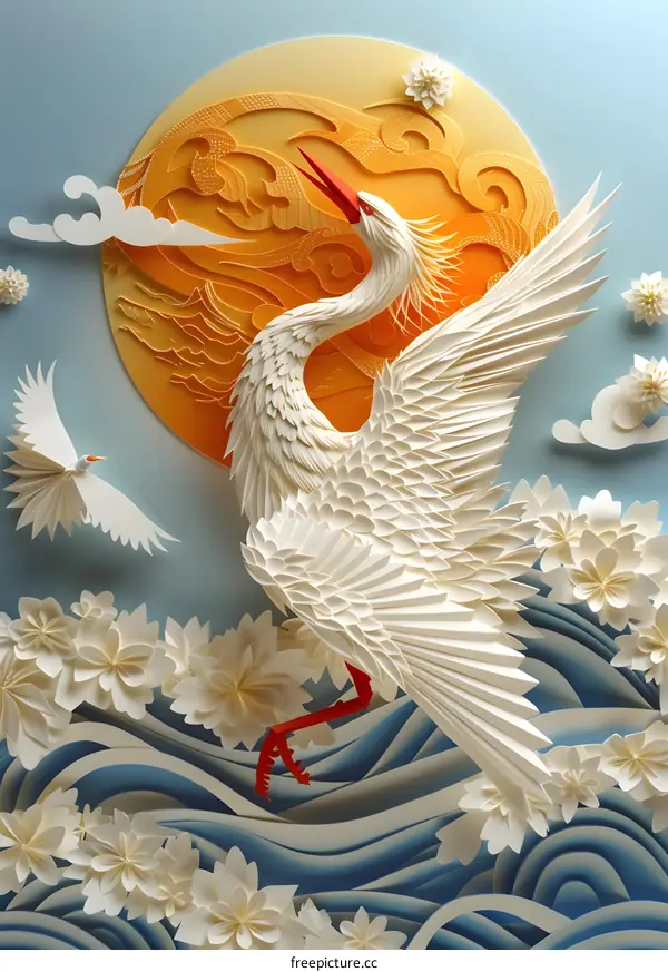 Paper Crane Soaring Over Waves