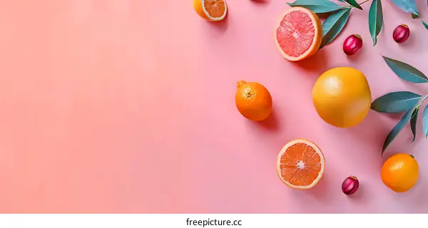 Pink Background with Citrus Fruits and Greenery