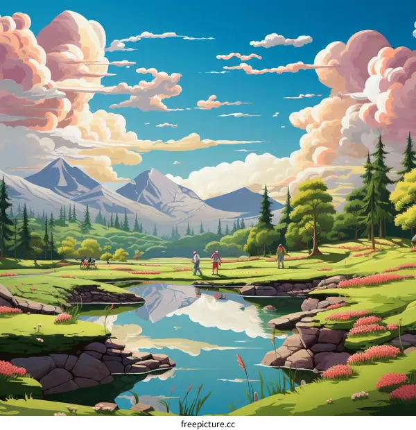 Three people walking on a green field with mountains in the distance