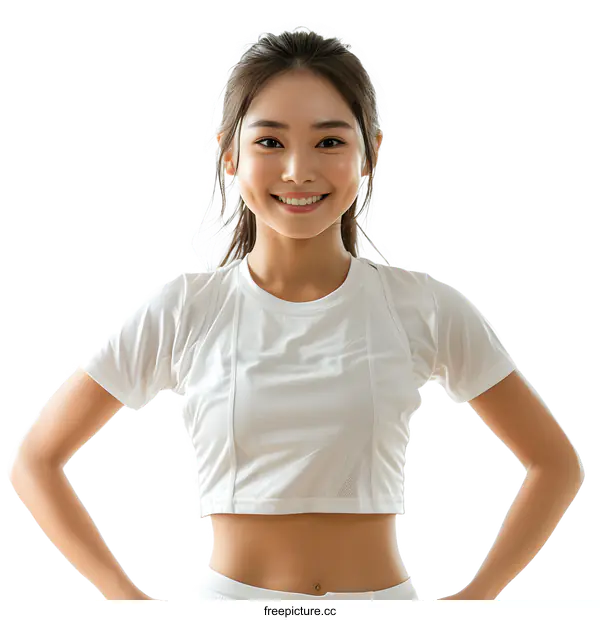 [Transparent Background PNG]Smiling Asian Woman in White Sportswear