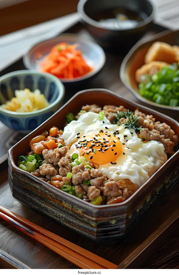 Japanese Style Ground Pork Rice Bowl with Fried Egg and Sesame Seeds