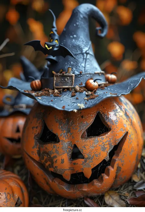 Spooky Halloween Pumpkin with Witch Hat