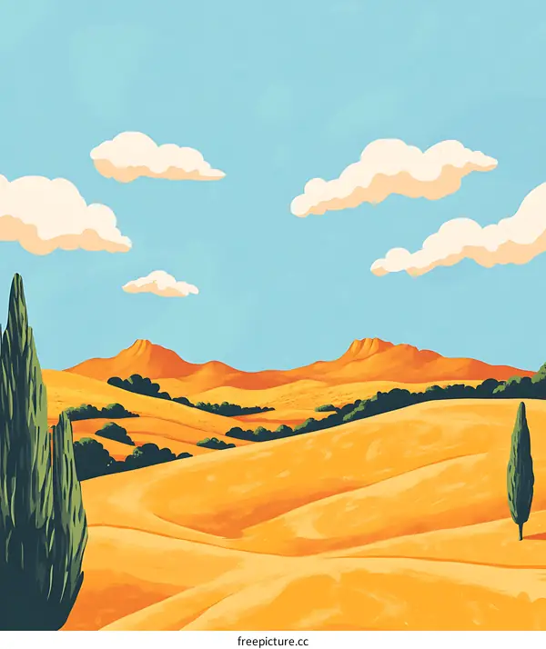 Tuscany Landscape Illustration with Rolling Hills and Blue Sky