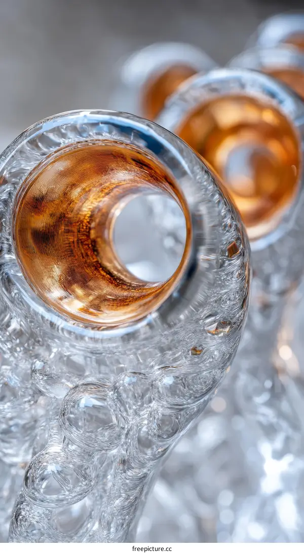 Close-up view of transparent glass tubes with copper accents