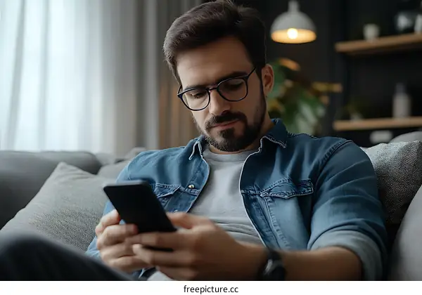 Man Using Smartphone Relaxing on Sofa