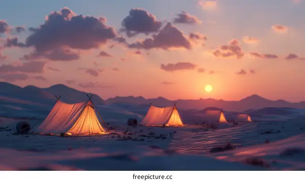 Camping in the Desert Under the Setting Sun
