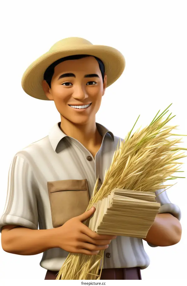 Asian farmer holding a bundle of wheat