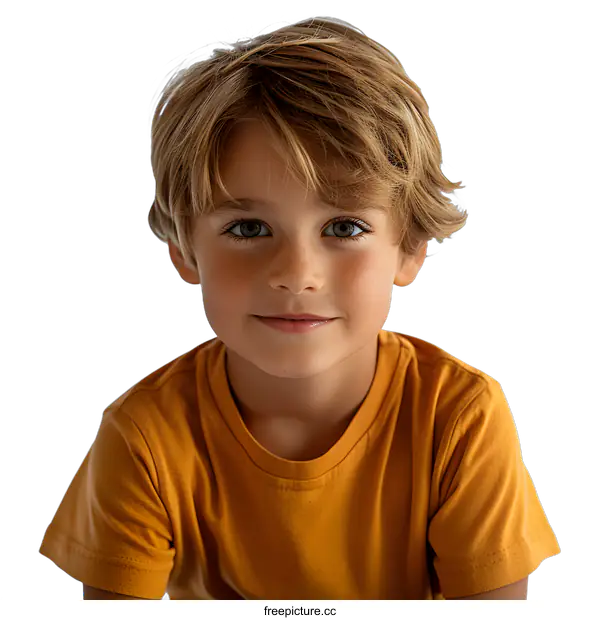 [Transparent Background PNG]Portrait of a Young Boy with Blonde Hair and Blue Eyes Wearing a Yellow T Shirt