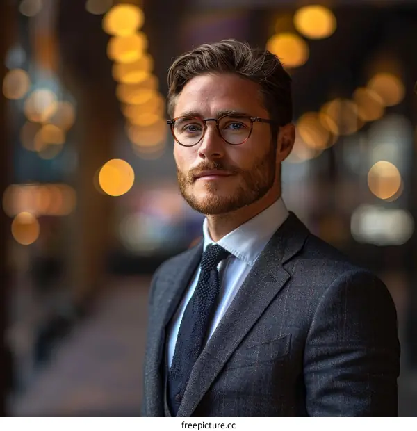 Headshot of a young professional man wearing glasses and a suit