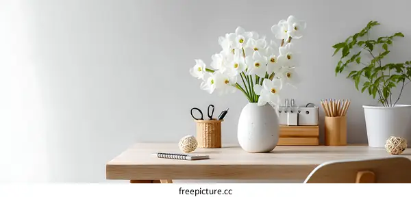 White Daffodils on a Light Wooden Desk