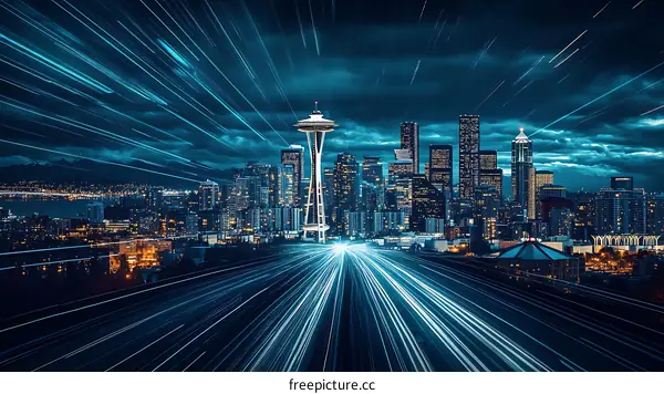 Seattle Cityscape at Night with Light Trails