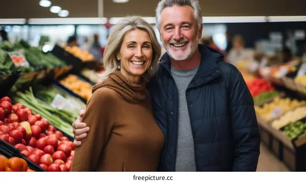 Happy senior couple grocery shopping together