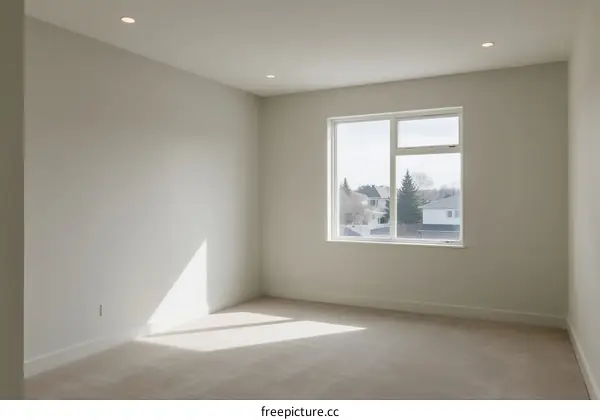 Empty room with large window and neutral colored walls