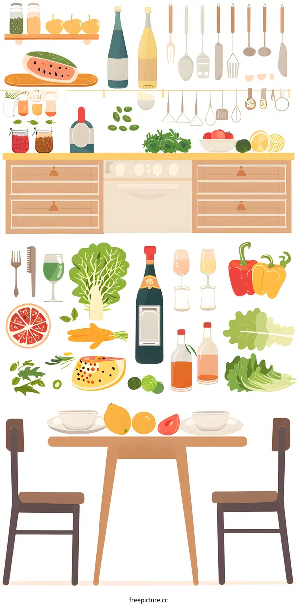Kitchen Illustration with Food, Utensils, and Furniture