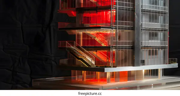 Modern Glass Building Model with Red Lighting