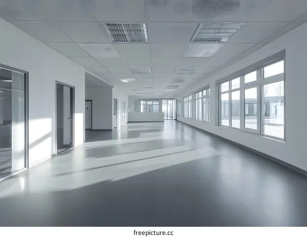 Empty Office Corridor with Sunlight and Windows
