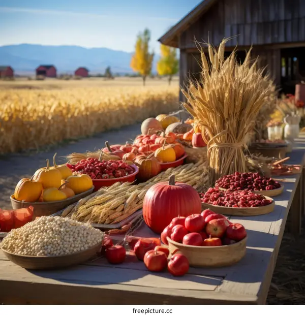 Autumn Harvest Table with Pumpkins, Gourds, and Apples