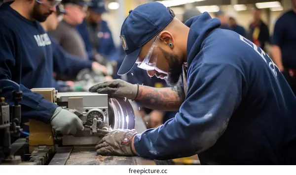 Black man wearing blue cap and safety glasses working on metal with power tool in factory