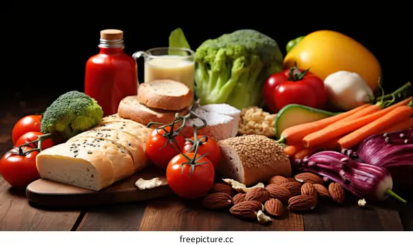 A variety of healthy food including vegetables, fruits, grains, and dairy products