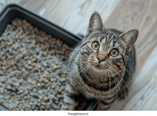 Cat looking up at the camera with a litter box in the foreground