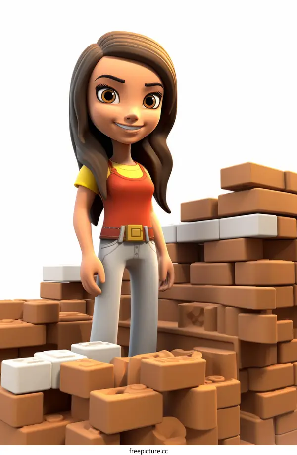 Girl standing on a pile of bricks