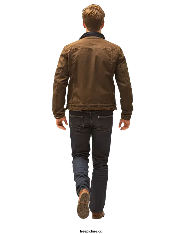 [Transparent Background PNG]Man in Brown Jacket and Dark Jeans Walking