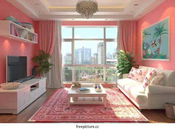 Modern Minimalist Pink Sofa Living Room with City View