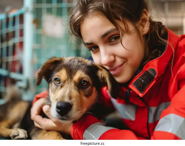 portrait of a young caucasian woman hugging a dog
