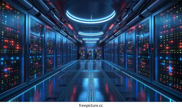 Futuristic server room with blue and red lights