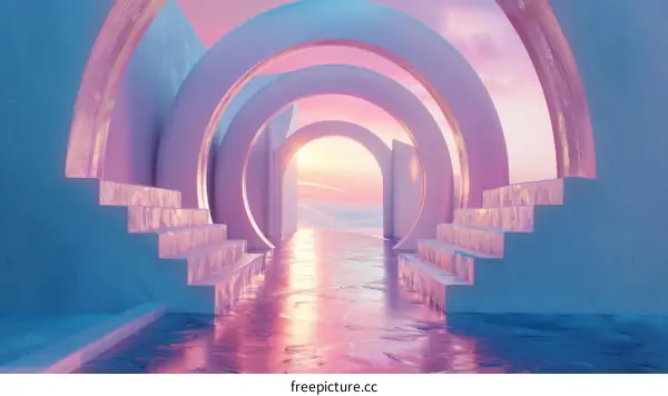 Abstract Pastel Pink Blue Archway Entrance Dreamlike Scene