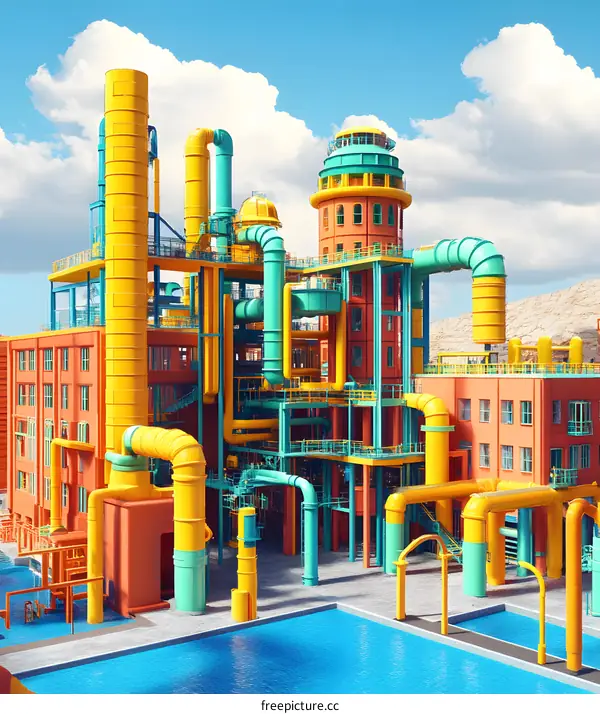 Colorful Industrial Complex with Pools and Blue Sky