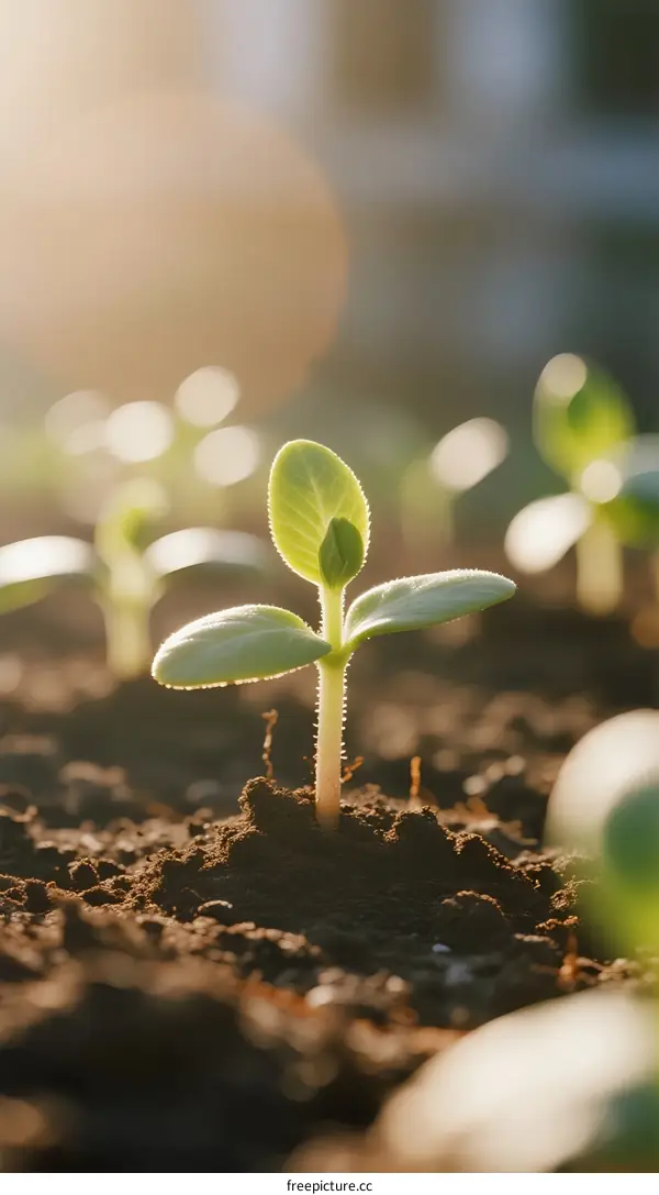 Young green seedlings growing in soil under warm sunlight
