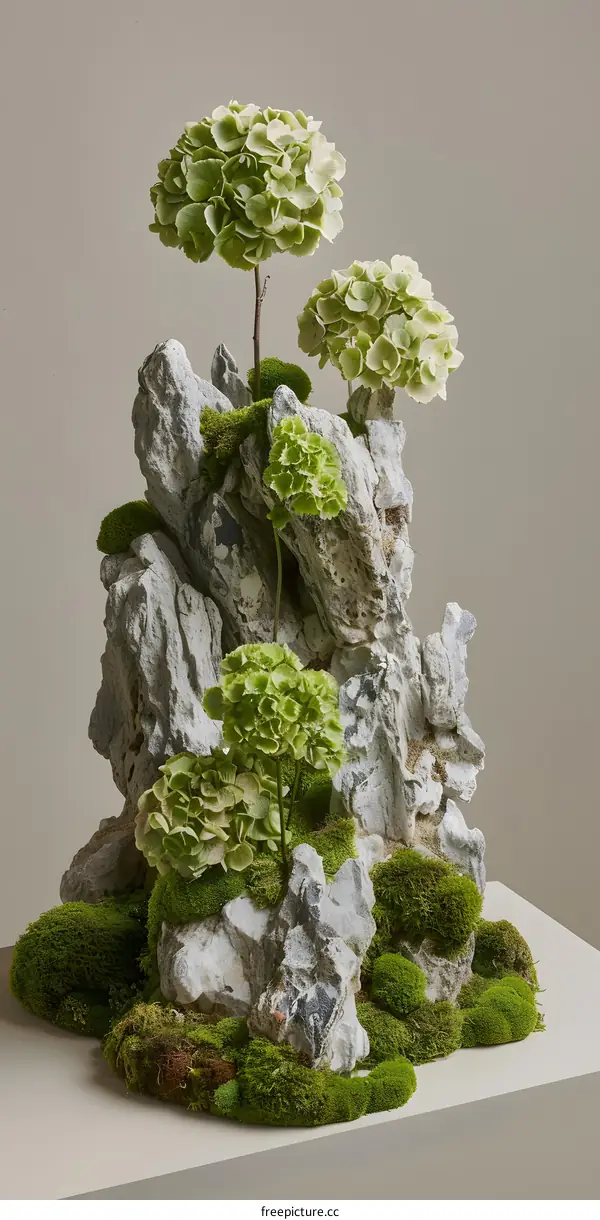 Green Hydrangea Flowers with Moss and Stone Arrangement