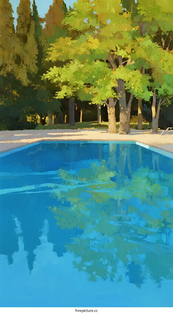 Peaceful outdoor swimming pool surrounded by green trees in summer