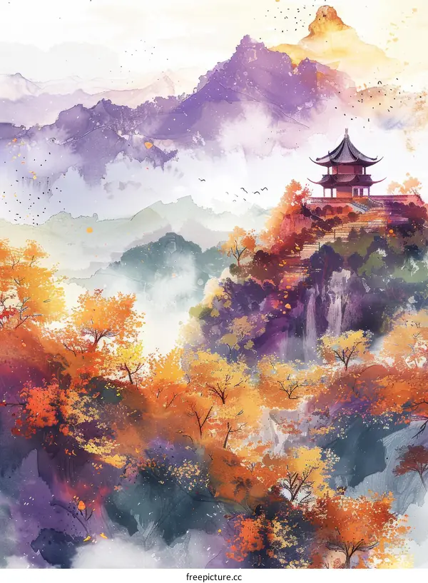 Colorful mountain landscape with a pavilion