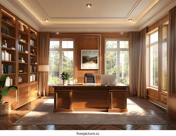 Luxurious home office with large windows and wooden furniture