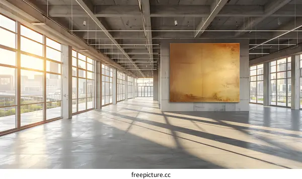 Modern Interior Design Loft Space with Large Windows and Golden Artwork
